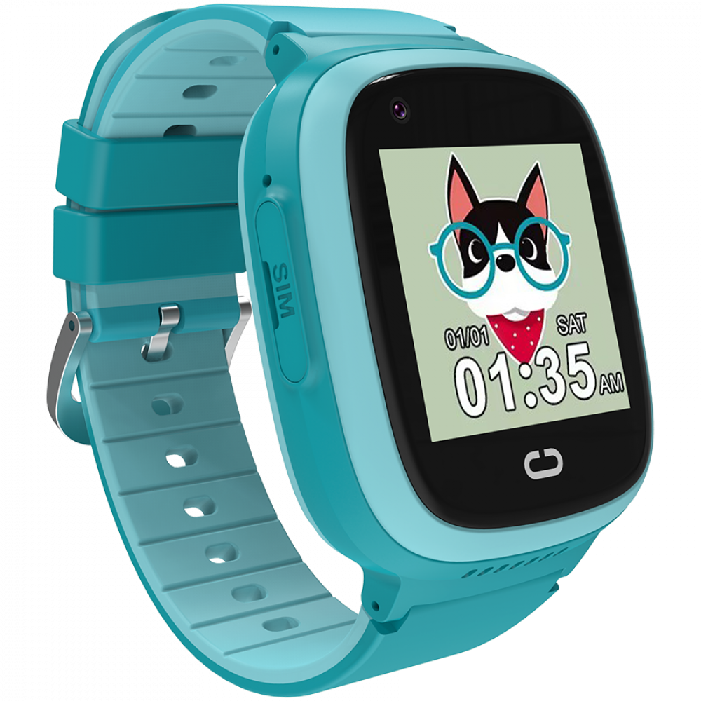 Niebiesko-zielony smartwatch z psem na ekranie, godzina 01:35.