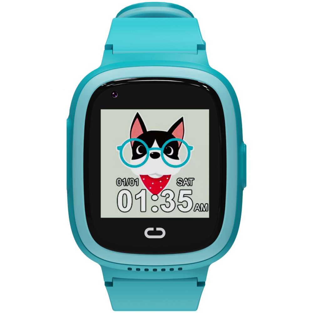 Niebieski smartwatch z rysunkiem psa i godziną.