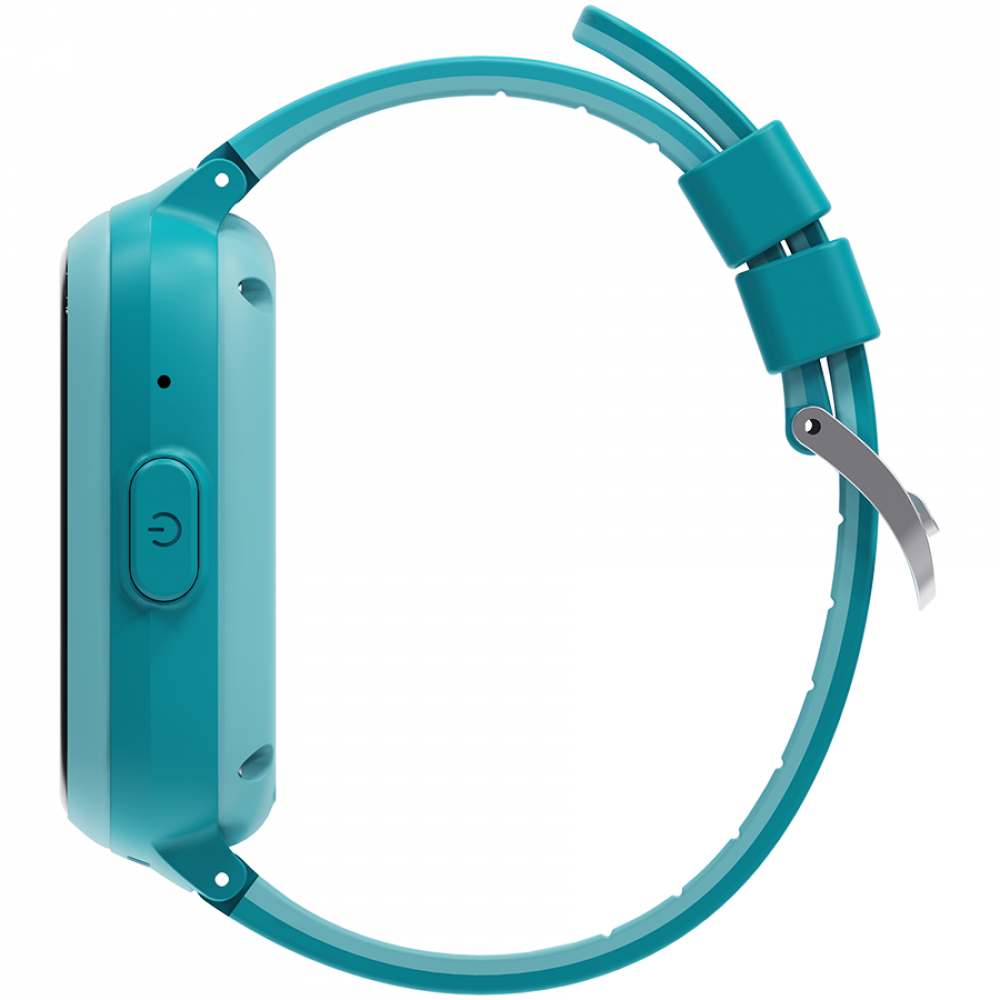 Niebiesko-zielony smartwatch z przyciskiem zasilania i paskiem.