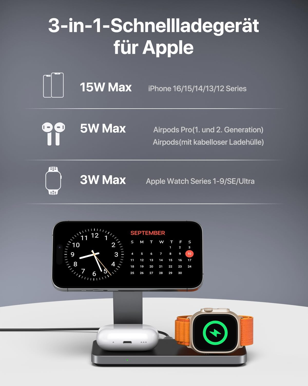 Ładowarka 3-w-1 dla Apple z uchwytami na iPhone, AirPods i Apple Watch.