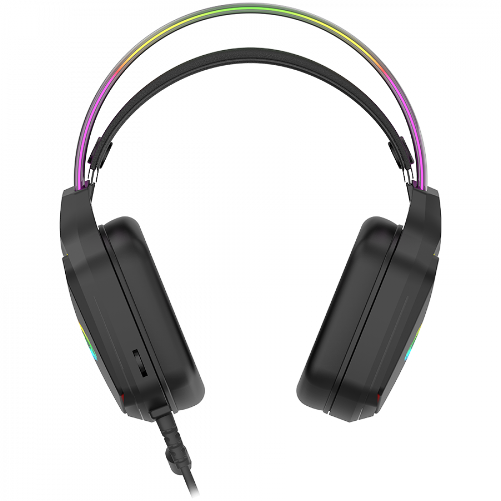 Czarne słuchawki z oświetleniem RGB na pałąku i nausznikach.
