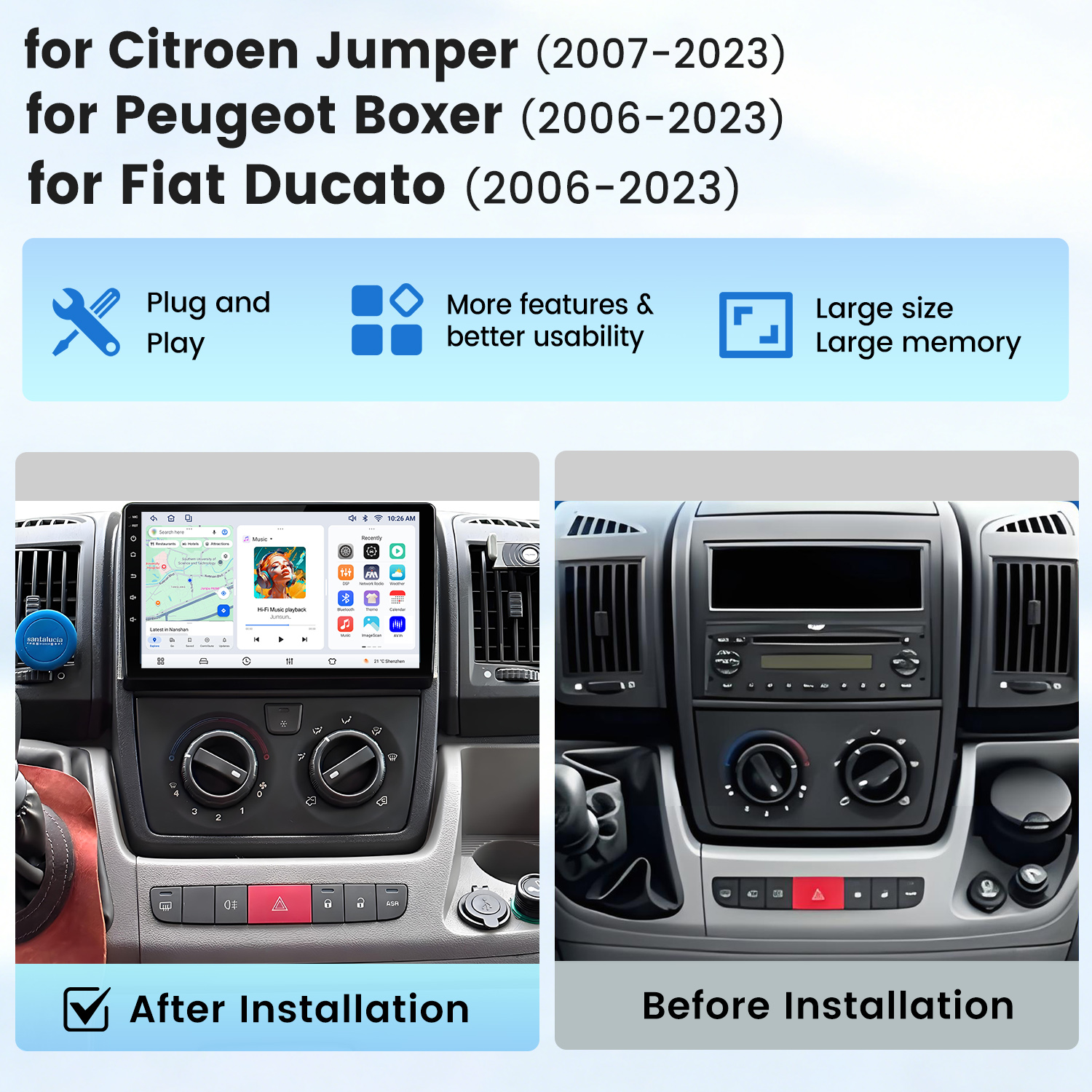 Confronto prima/dopo di una autoradio per Citroen Jumper, Peugeot Boxer, Fiat Ducato.