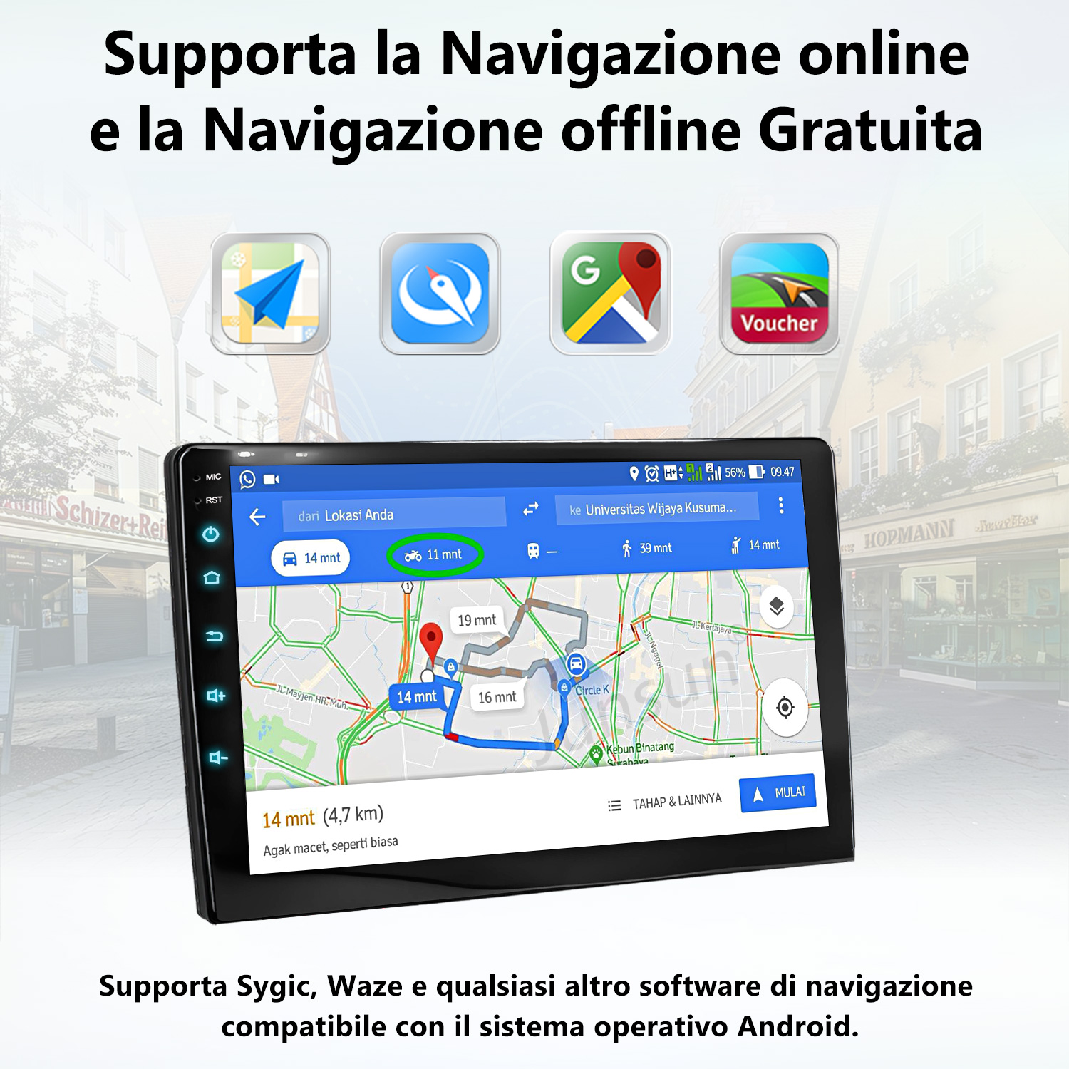 Un dispositivo di navigazione mostra una mappa con percorsi e app come Google Maps e Voucher.