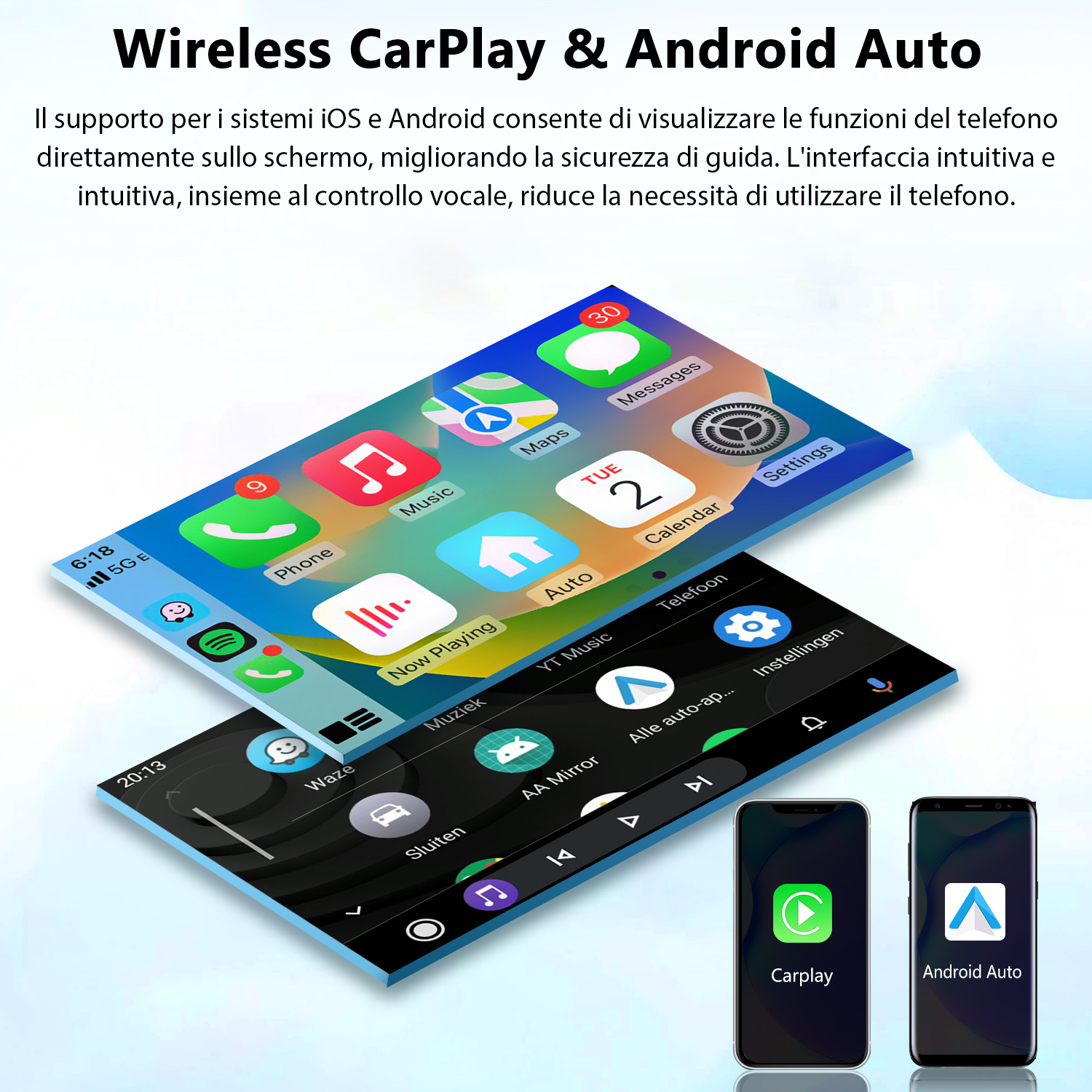 Due smartphone mostrano app CarPlay e Android Auto sullo schermo. Vista superiore mostra interfaccia telefono.