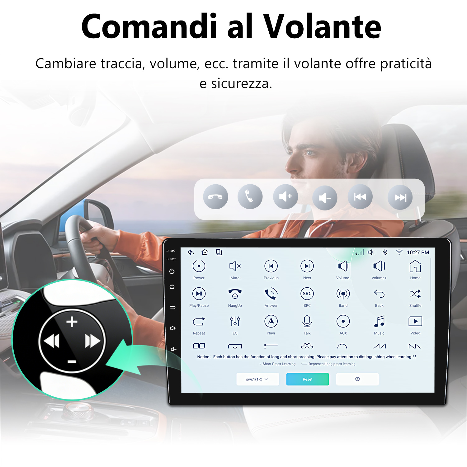 Cruscotto auto con comandi al volante e touchscreen che mostra opzioni multimediali.