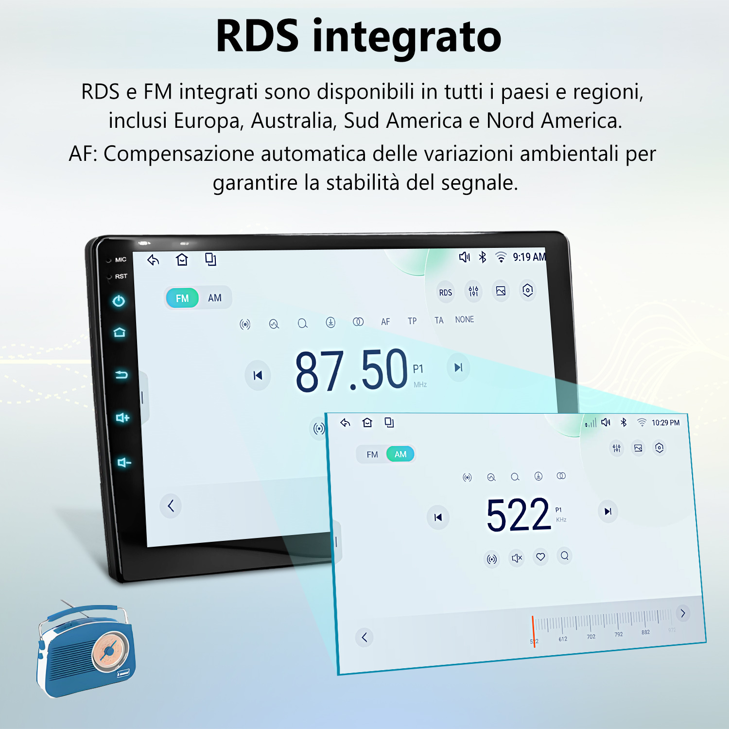 Autoradio digitale con display RDS, radio analogica accanto. Radio retrò blu in primo piano.