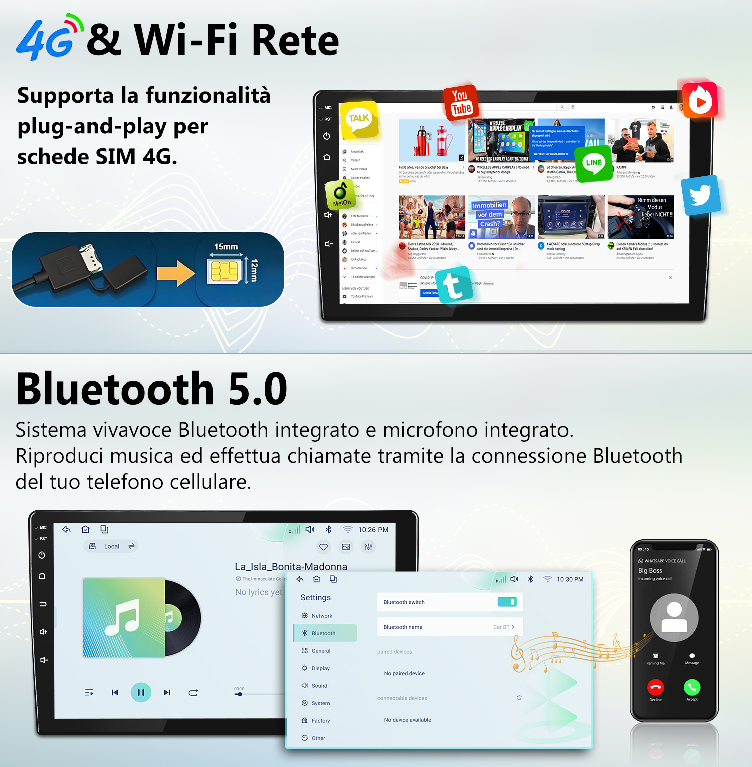 Schermo mostra 4G/Wi-Fi, SIM card e funzioni Bluetooth. Contenuto YouTube.