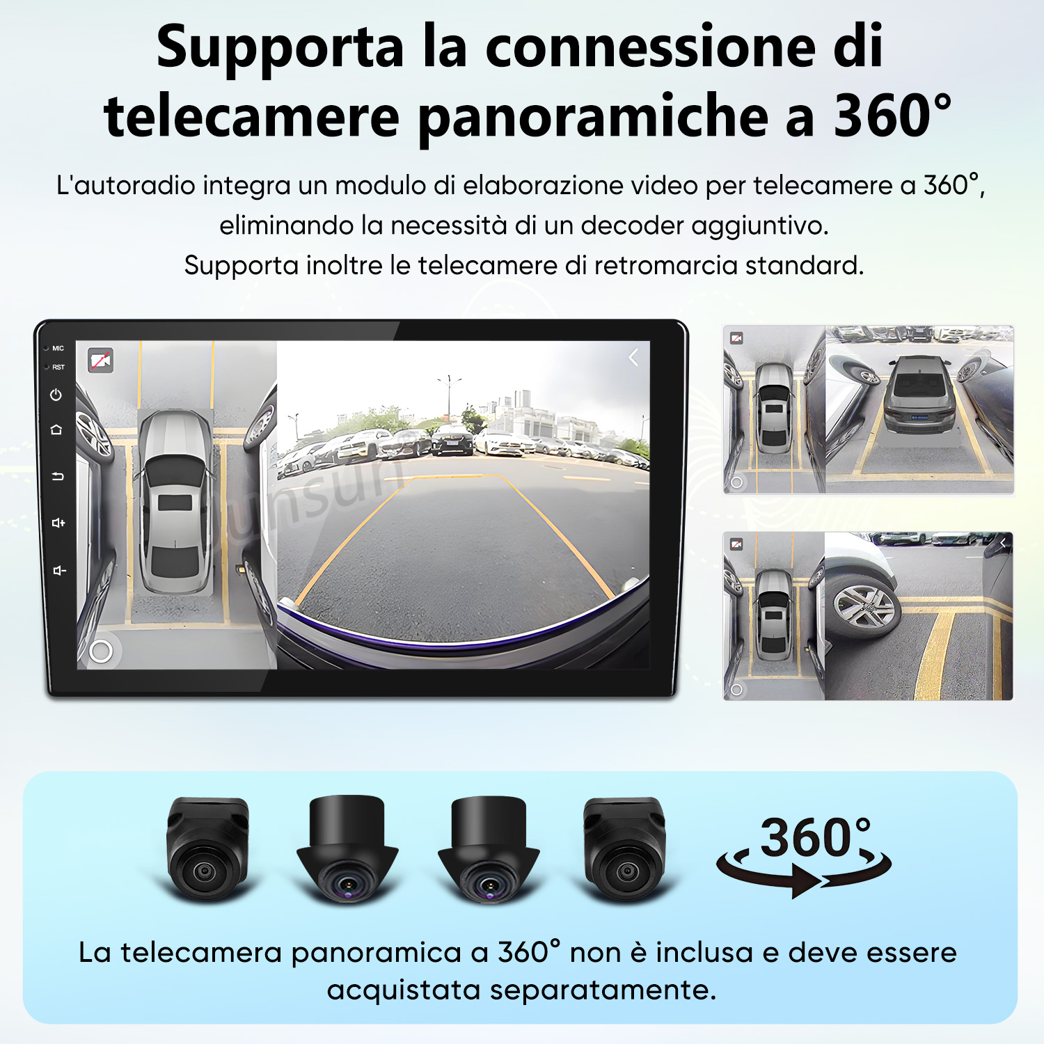 Schermo mostra viste telecamera 360 gradi, tre telecamere e testo.