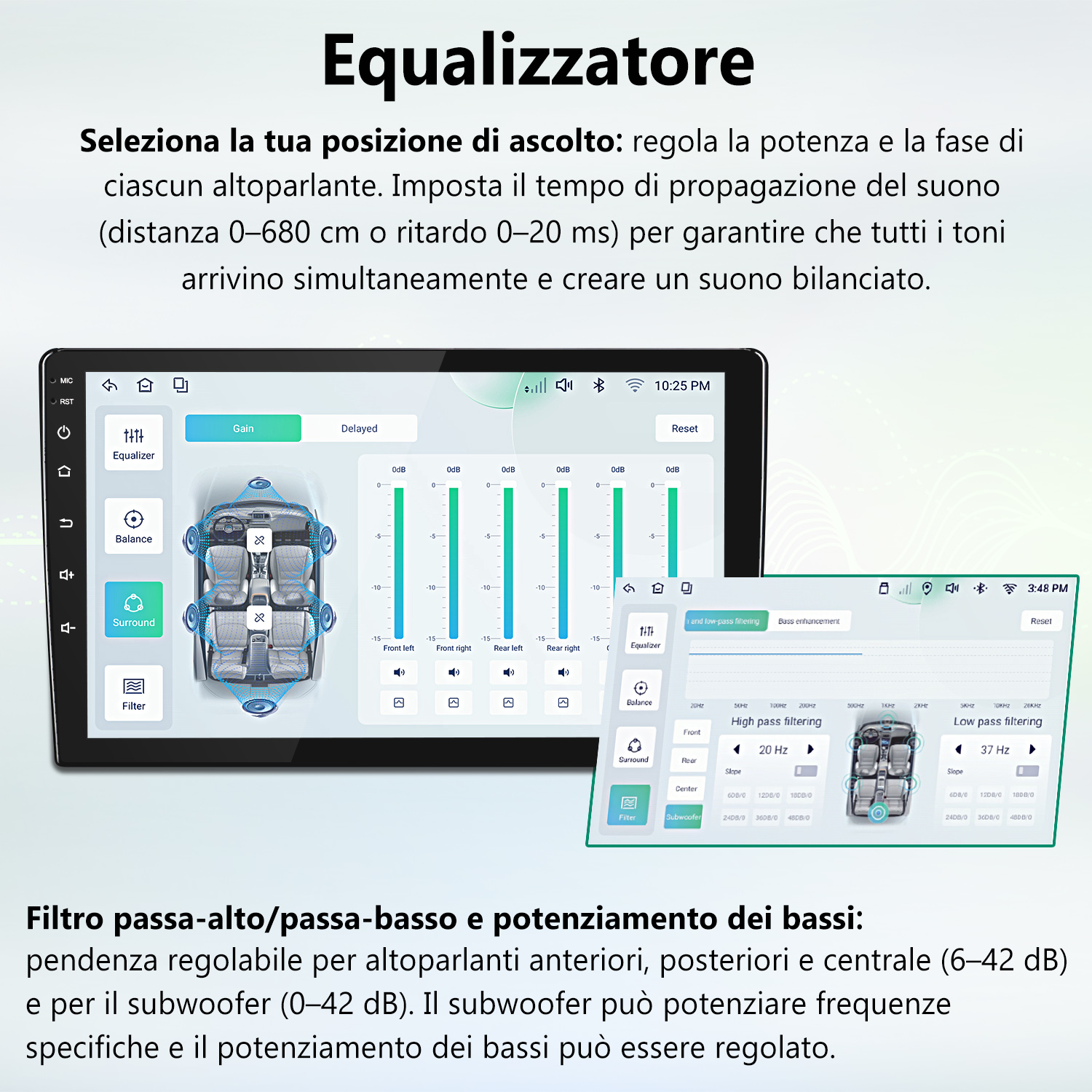 Schermo auto con impostazioni equalizzatore: gain, bilanciamento, surround, filtro e grafici.