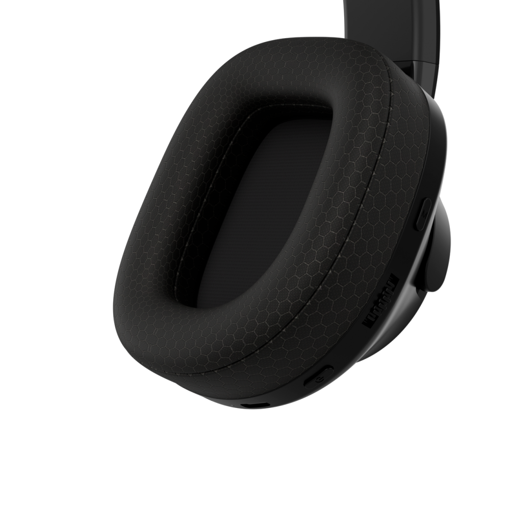 Cuffie nere con padiglioni auricolari testurizzati e pulsanti sul lato, su sfondo nero.