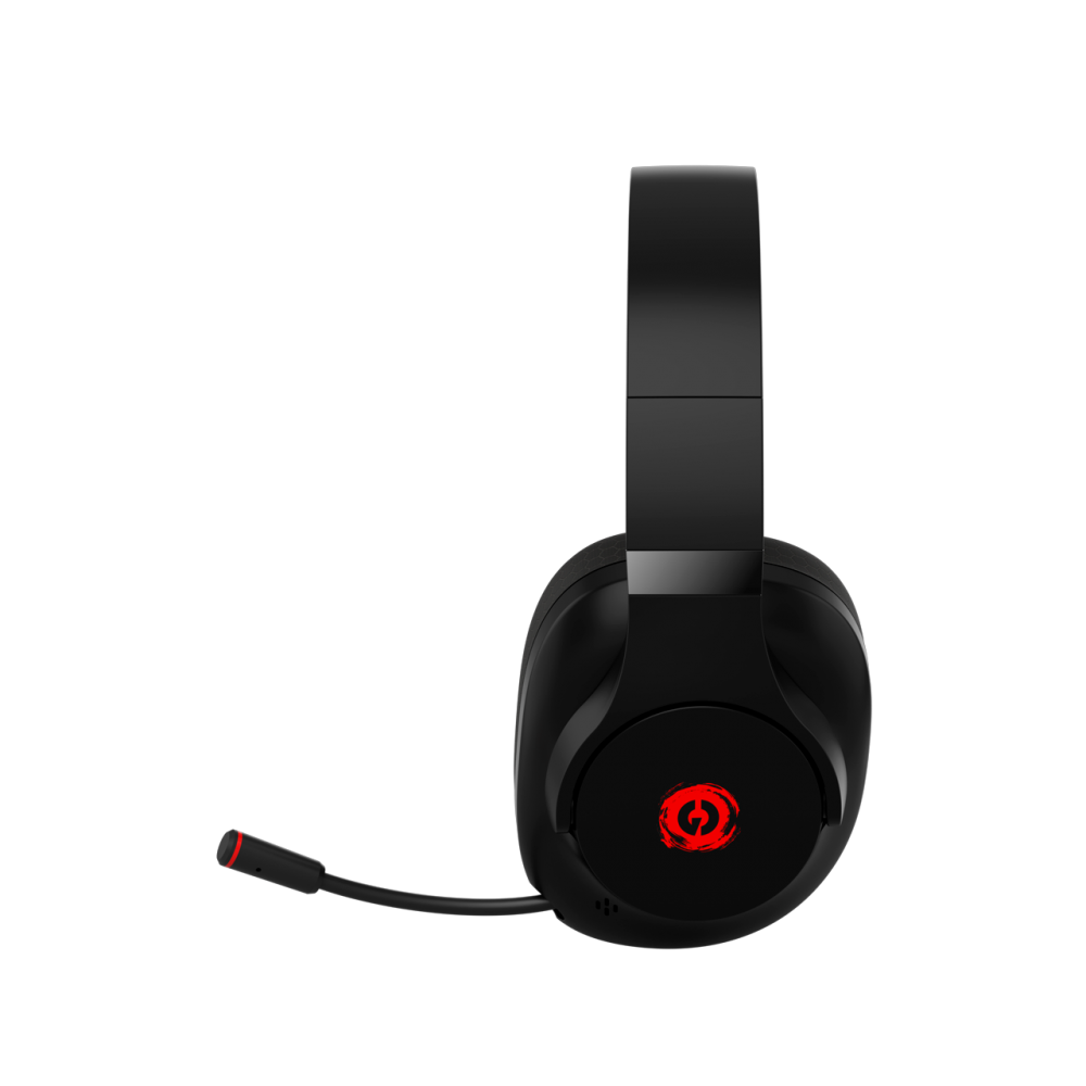 Cuffie da gaming nere con logo rosso e microfono su sfondo nero.