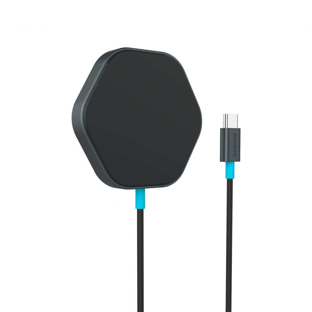 Czarna sześciokątna ładowarka z niebieskim kablem i złączem USB-C.