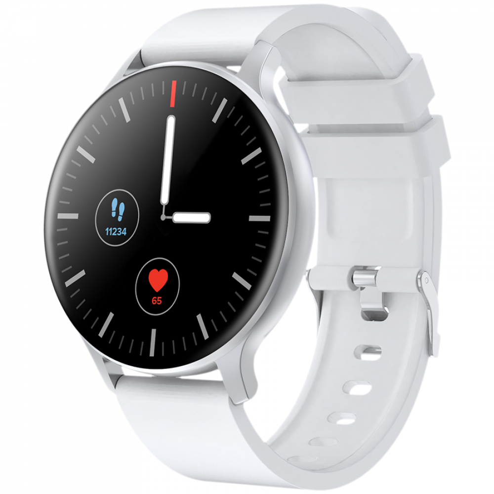 Biały smartwatch z czarną tarczą pokazującą tętno i liczbę kroków.