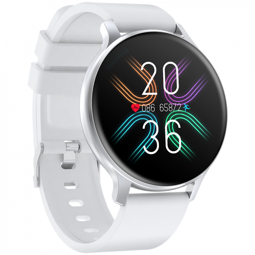 Biały smartwatch z srebrną ramką i czarnym wyświetlaczem cyfrowym.