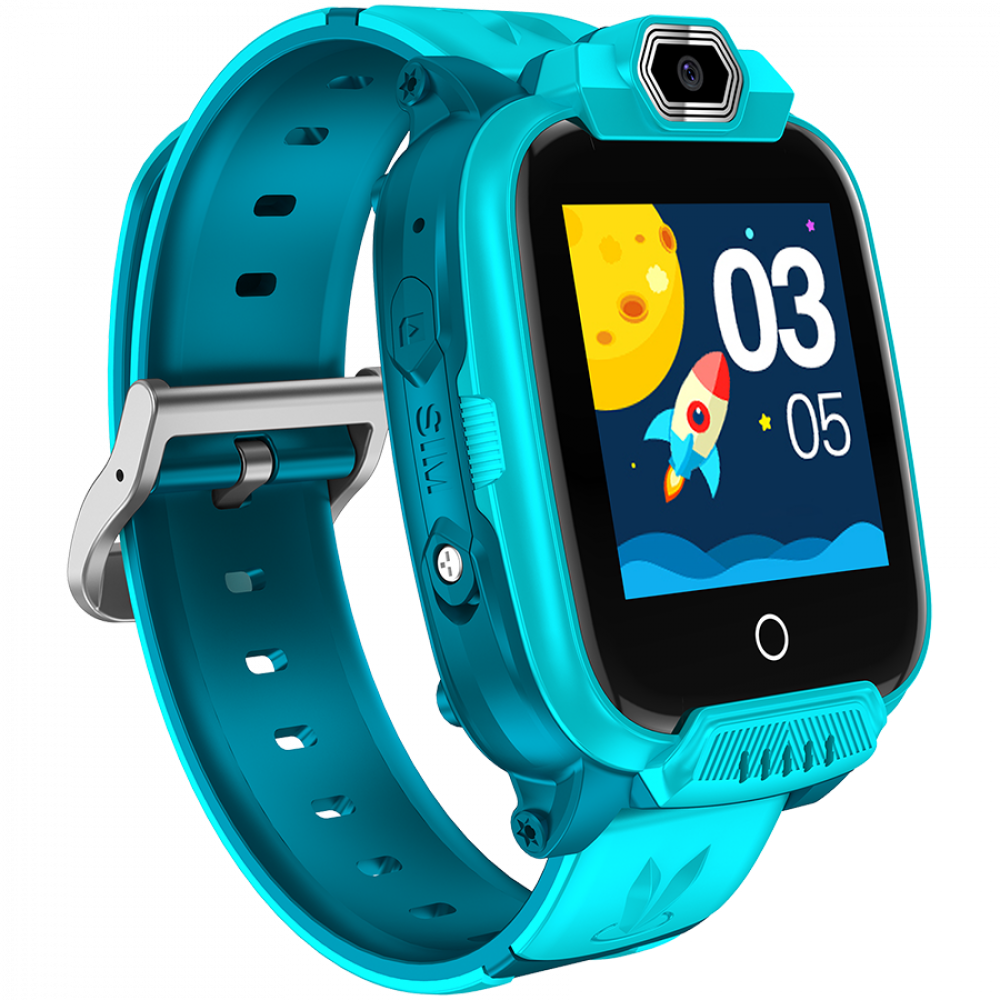 Niebieski smartwatch dla dzieci z rakietą i księżycem na ekranie, kamerą u góry.