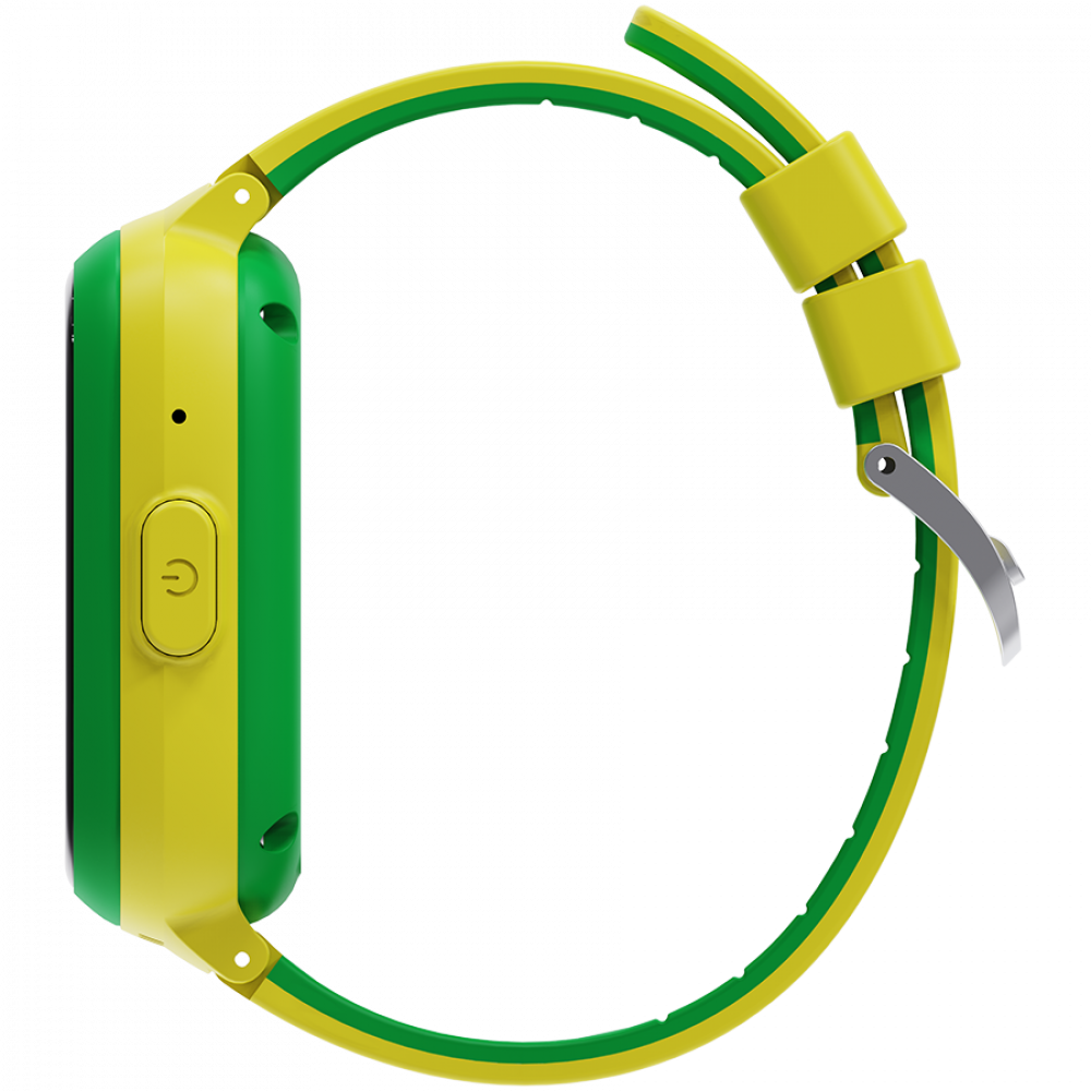 Zielono-żółty smartwatch z przyciskiem zasilania i metalową klamrą.