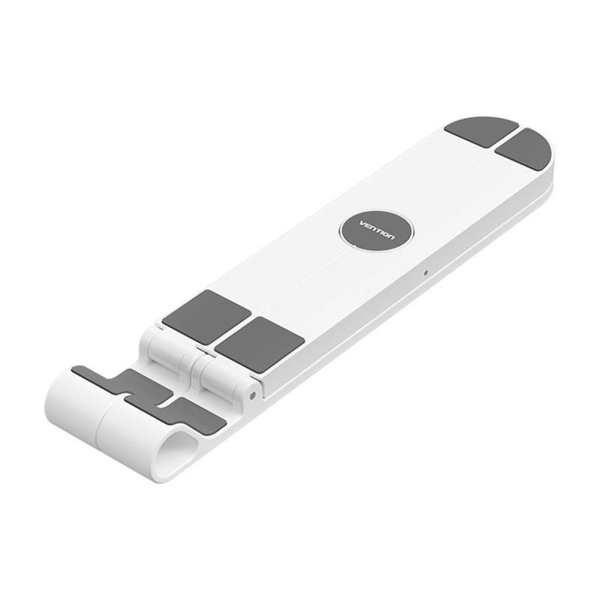 Een witte, opvouwbare laptopstandaard met grijze rubberen grips.