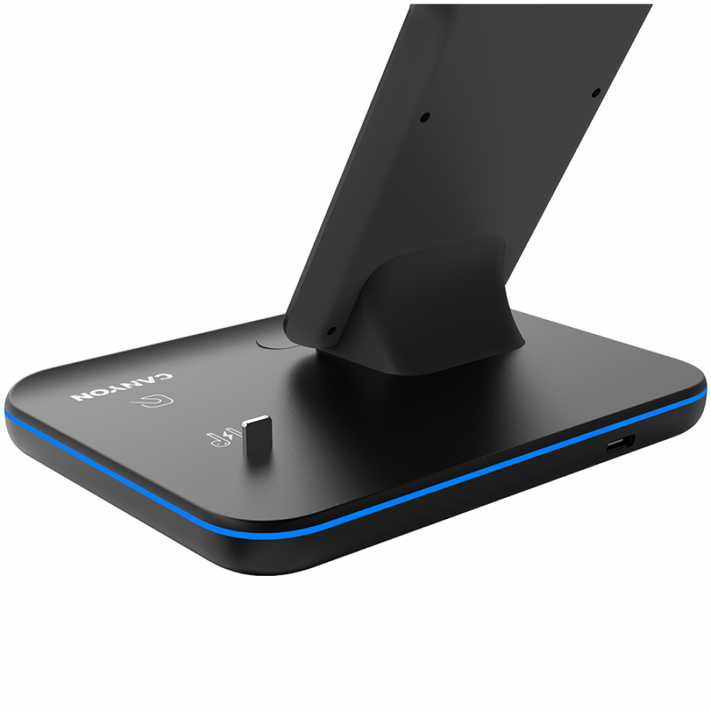 Czarny stojak z niebieskim światłem, logo Canyon i portem ładowania.