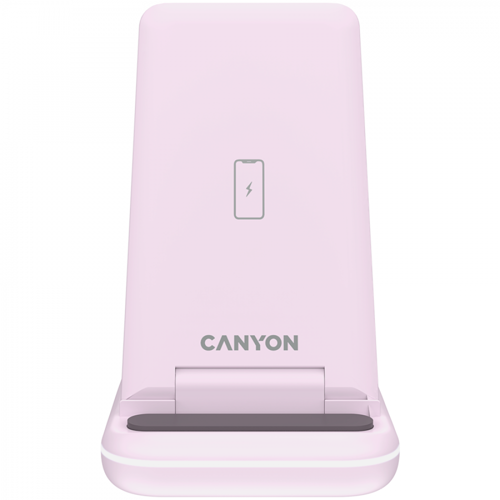 Różowa ładowarka bezprzewodowa Canyon z ikoną telefonu i błyskawicy.