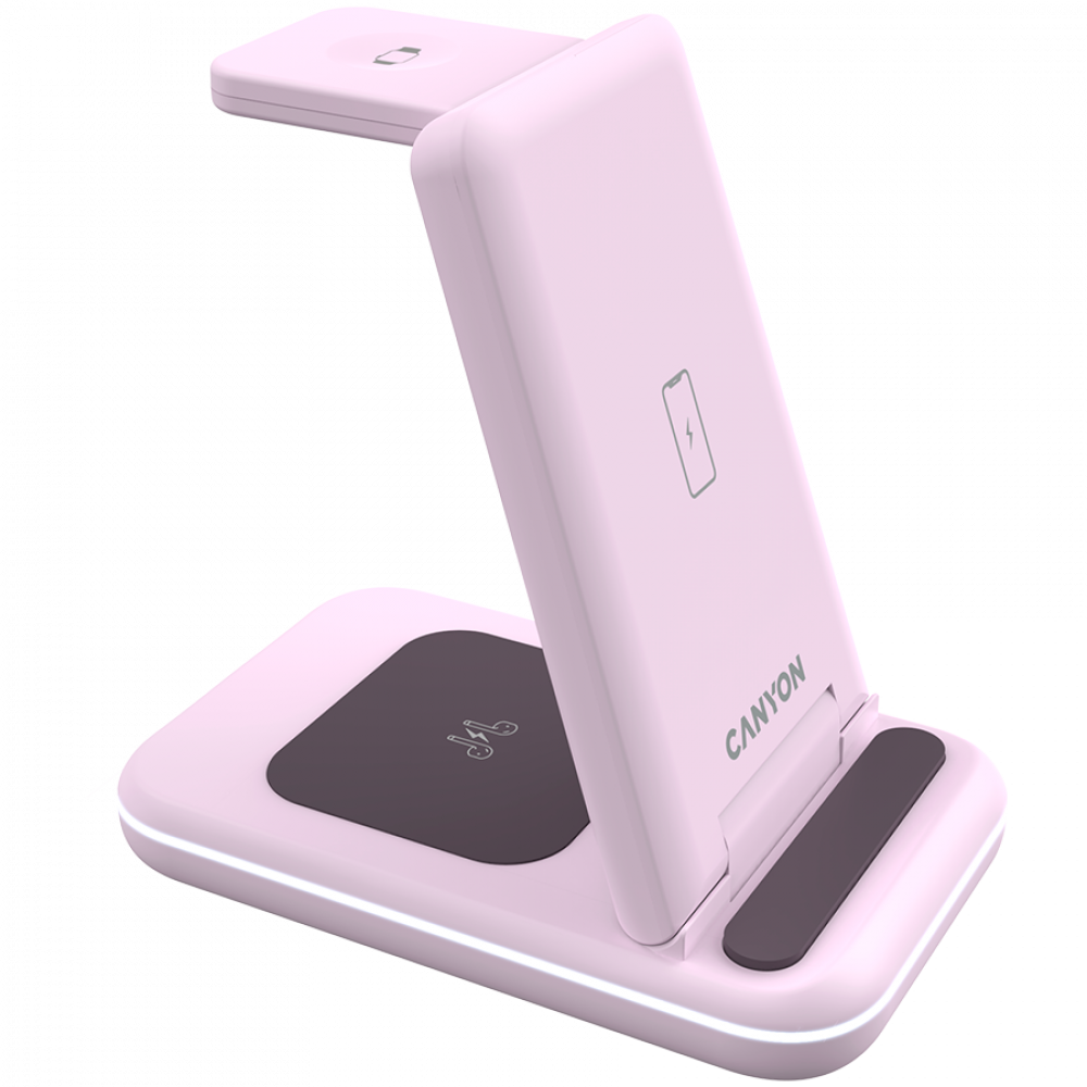 Różowy stojak do ładowania bezprzewodowego z dwiema podkładkami i logo Canyon.