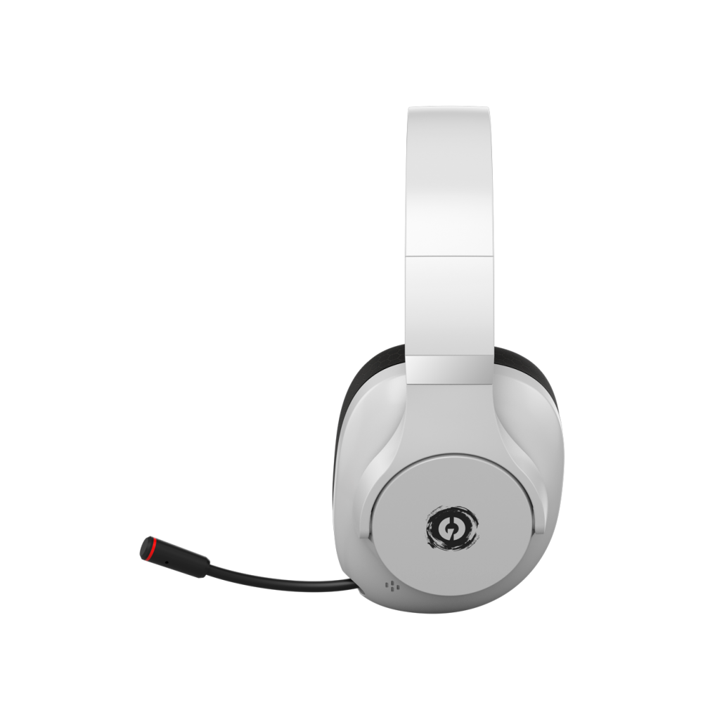 Un auricolare bianco con microfono su sfondo nero.