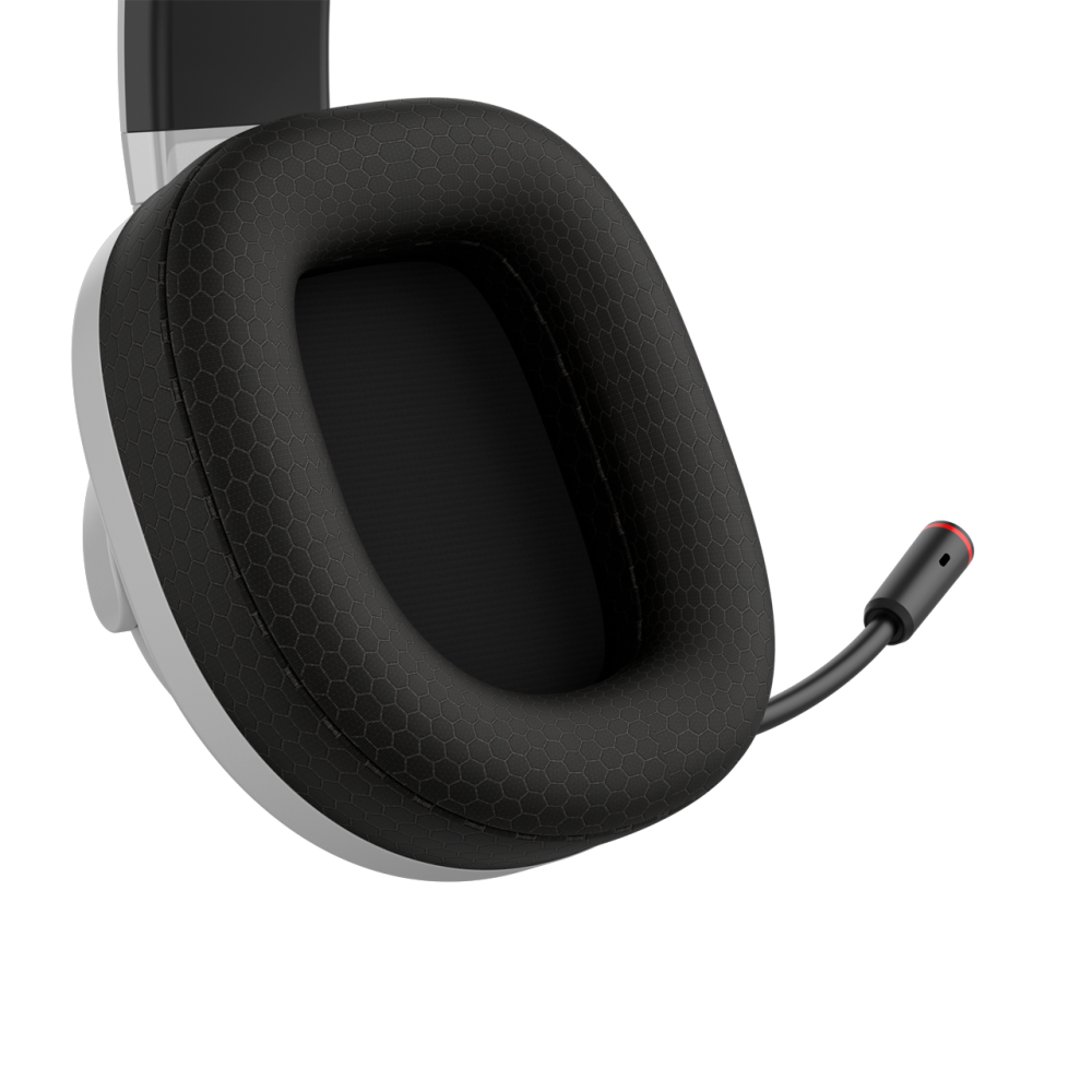 Un auricolare bianco con padiglione nero e microfono con punta rossa.