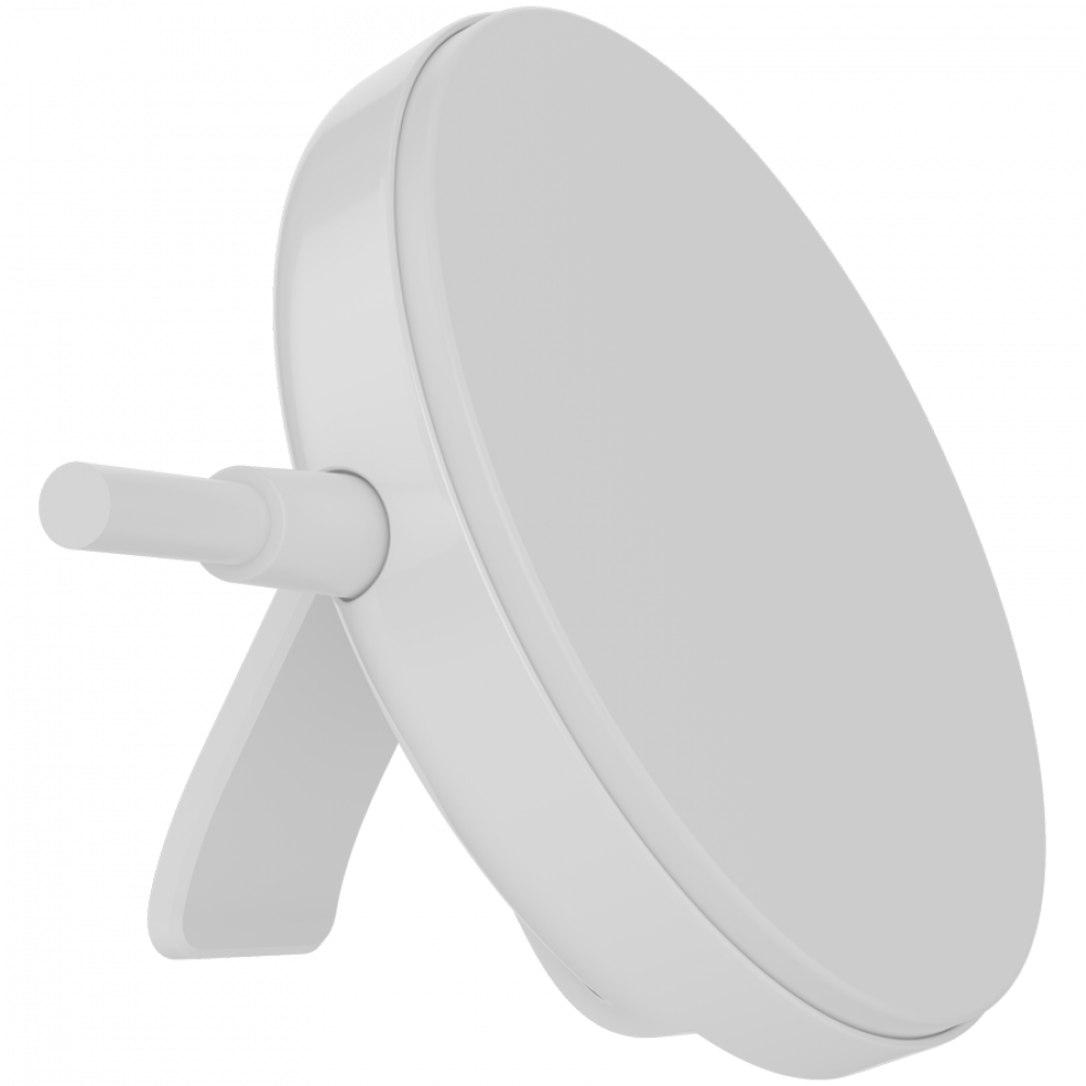 Białe, okrągłe lustro ze stojakiem i słupkiem.