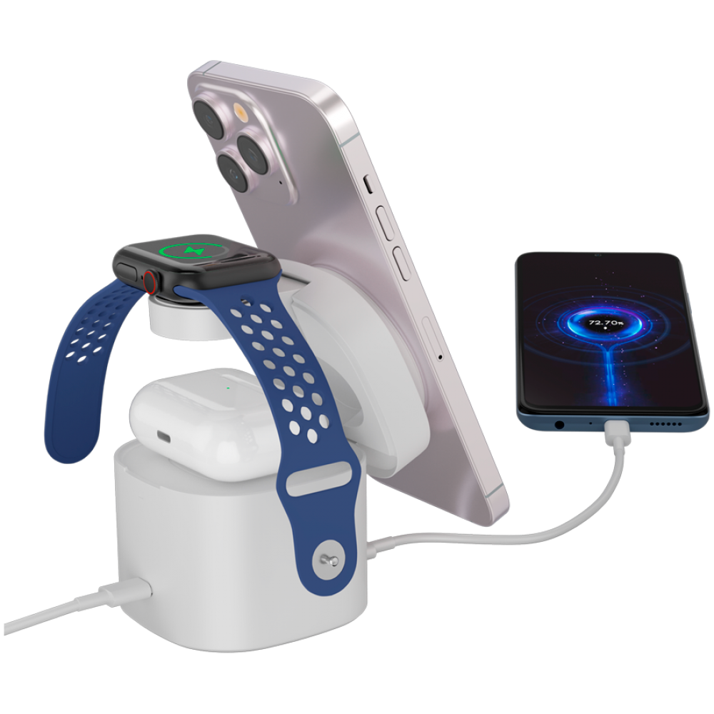 Biała podstawka ładująca z iPhonem, Apple Watch, AirPods, ładująca drugi telefon.