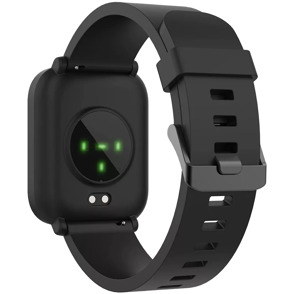 Czarny smartwatch z czujnikiem tętna i silikonowym paskiem.