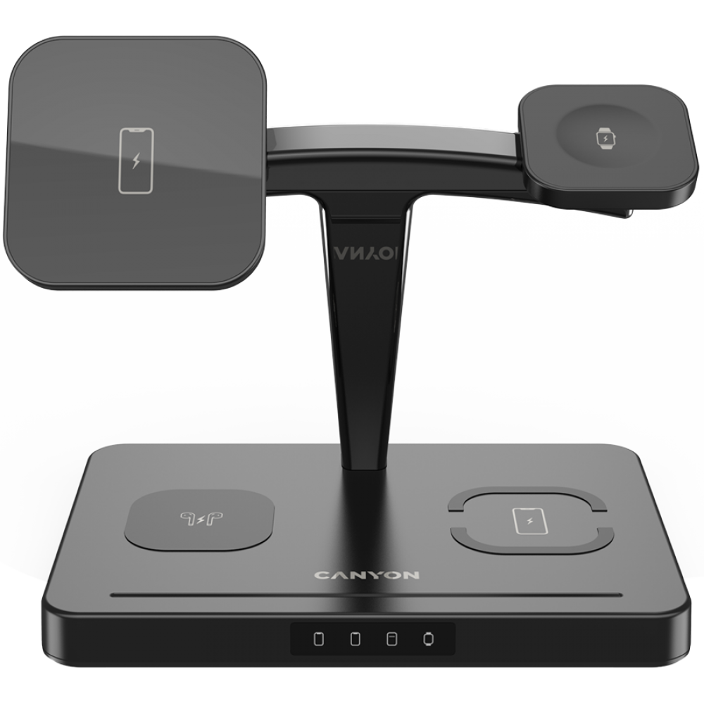 Czarna podstawka ładująca do wielu urządzeń z podkładkami do ładowania telefonu, zegarka i słuchawek.