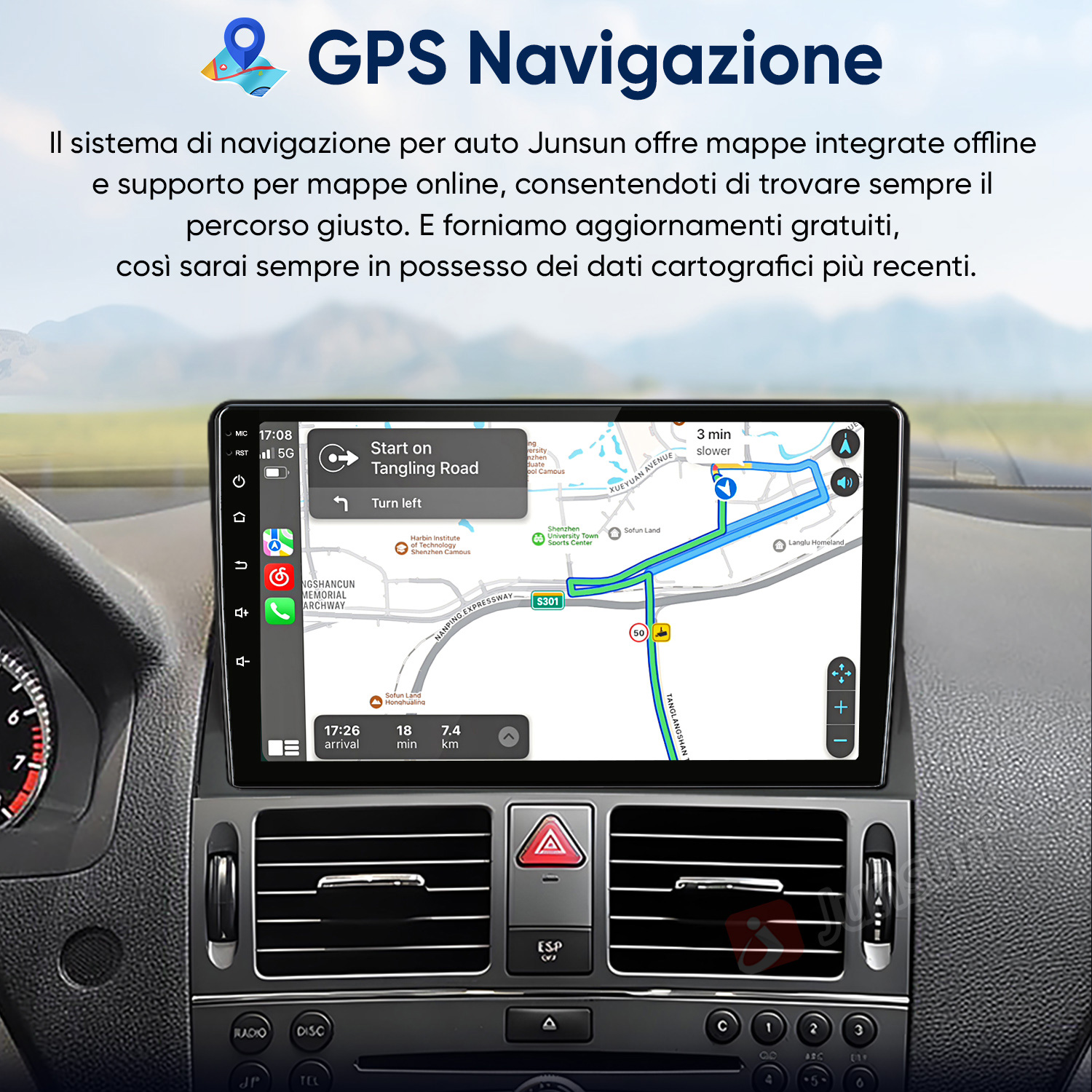 Cruscotto dell'auto con schermo di navigazione GPS che mostra un percorso.
