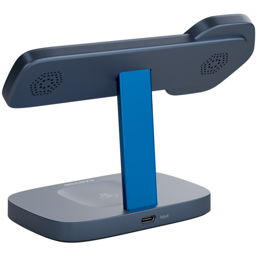 Ciemnoniebieska ładowarka z niebieskim stojakiem i wejściem USB.