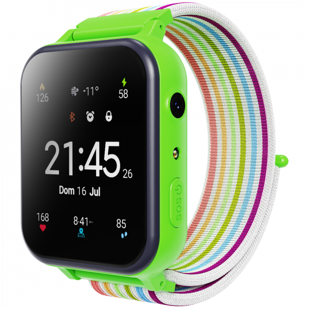 Zielony smartwatch z kolorową opaską wyświetla 21:45 i datę.