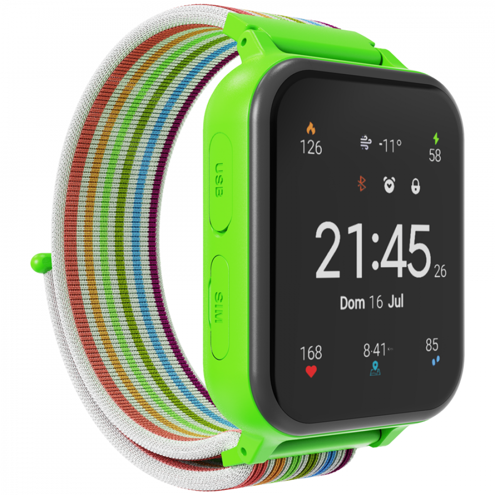 Zielony smartwatch z kolorową bransoletą wyświetla 21:45 i dane pogodowe.