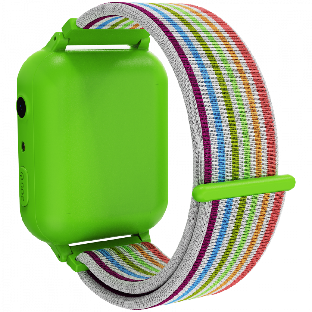 Zielony smartwatch z kolorową paskiem w paski na czarnym tle.