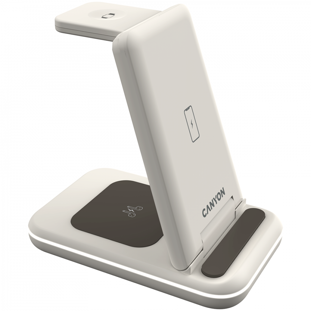 Biała ładowarka z dwiema podkładkami ładującymi, jedną na telefon, drugą na słuchawki.