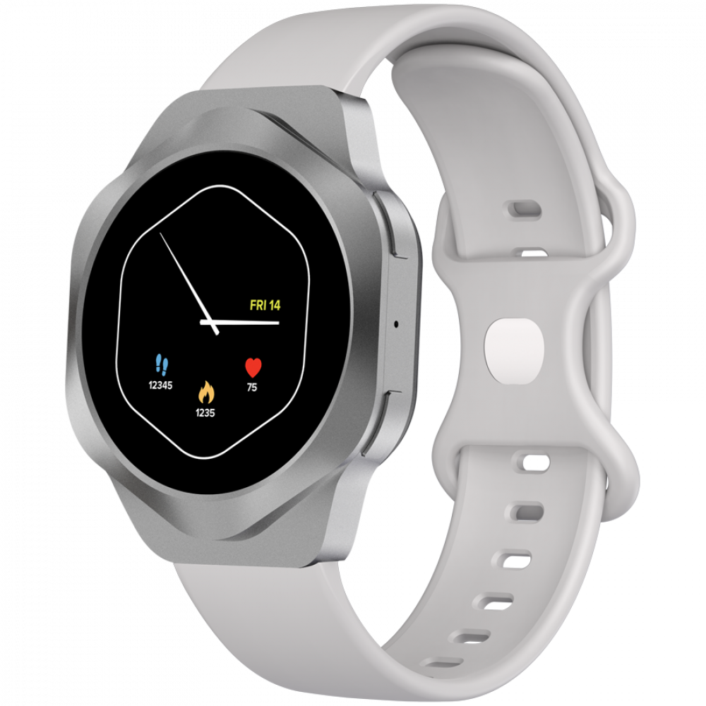 Srebrny smartwatch z białym paskiem i czarnym wyświetlaczem.