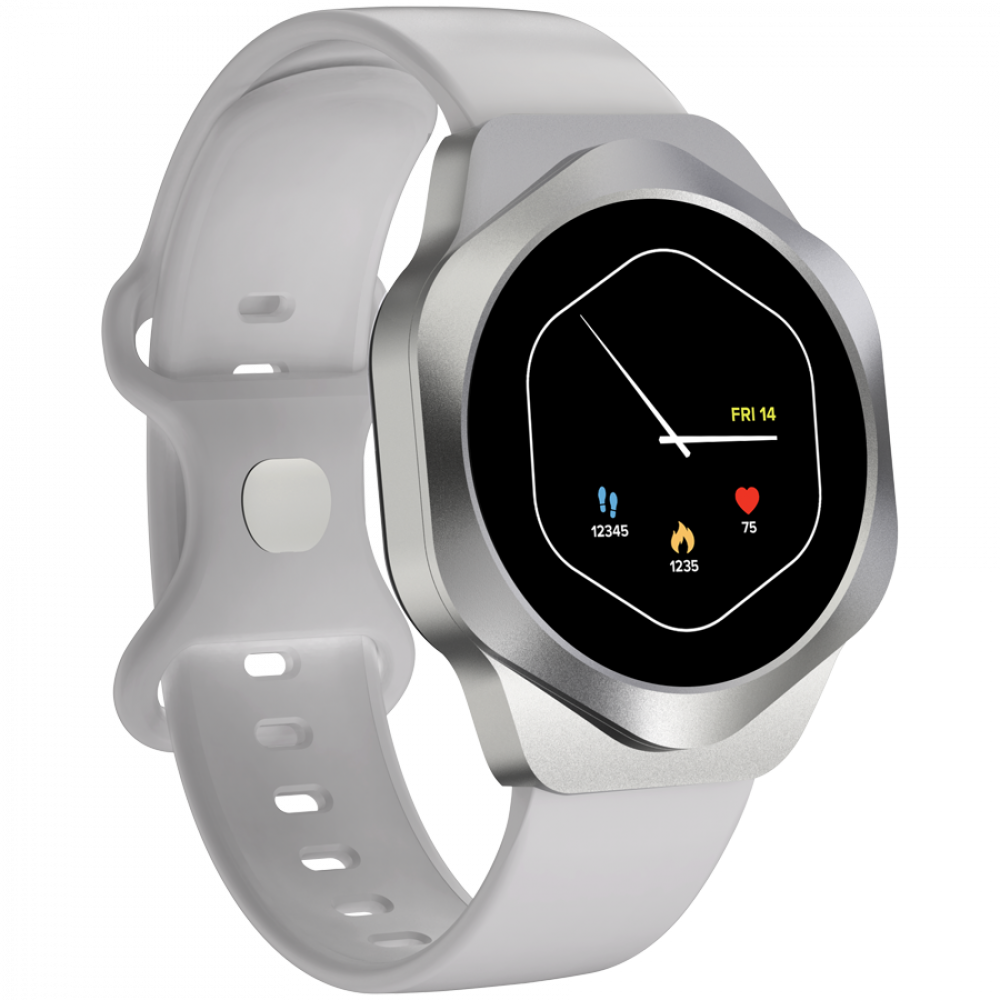 Srebrny smartwatch z białym paskiem, wyświetla kroki, kalorie i tętno.