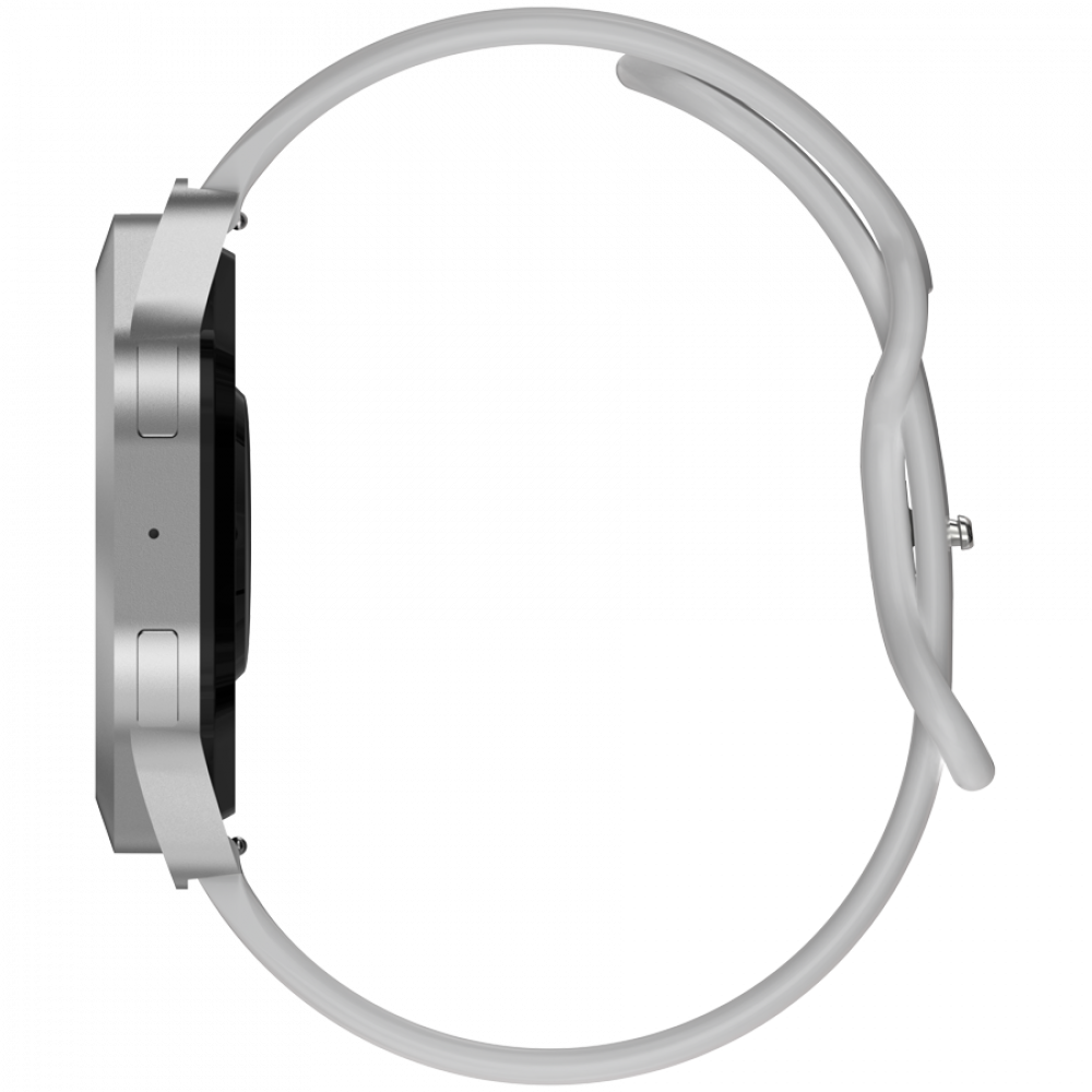 Srebrna koperta smartwatcha z białym paskiem, widok z boku.