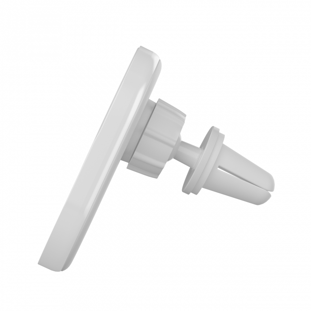 Biały uchwyt samochodowy do nawiewów na czarnym tle.