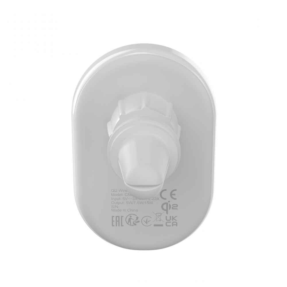 Biała ładowarka Qi2 z oznaczeniami CE i UKCA.