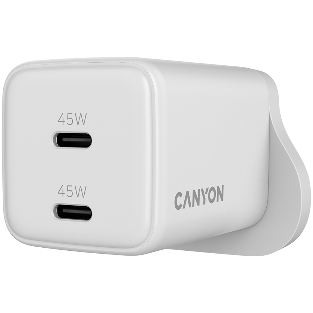 Biała ładowarka Canyon 45W dual USB-C z nazwą marki.