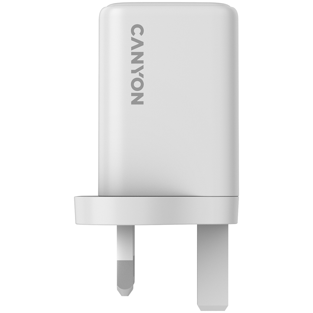 Biała ładowarka Canyon z wtyczką UK. Pionowe logo tekstowe z przodu.