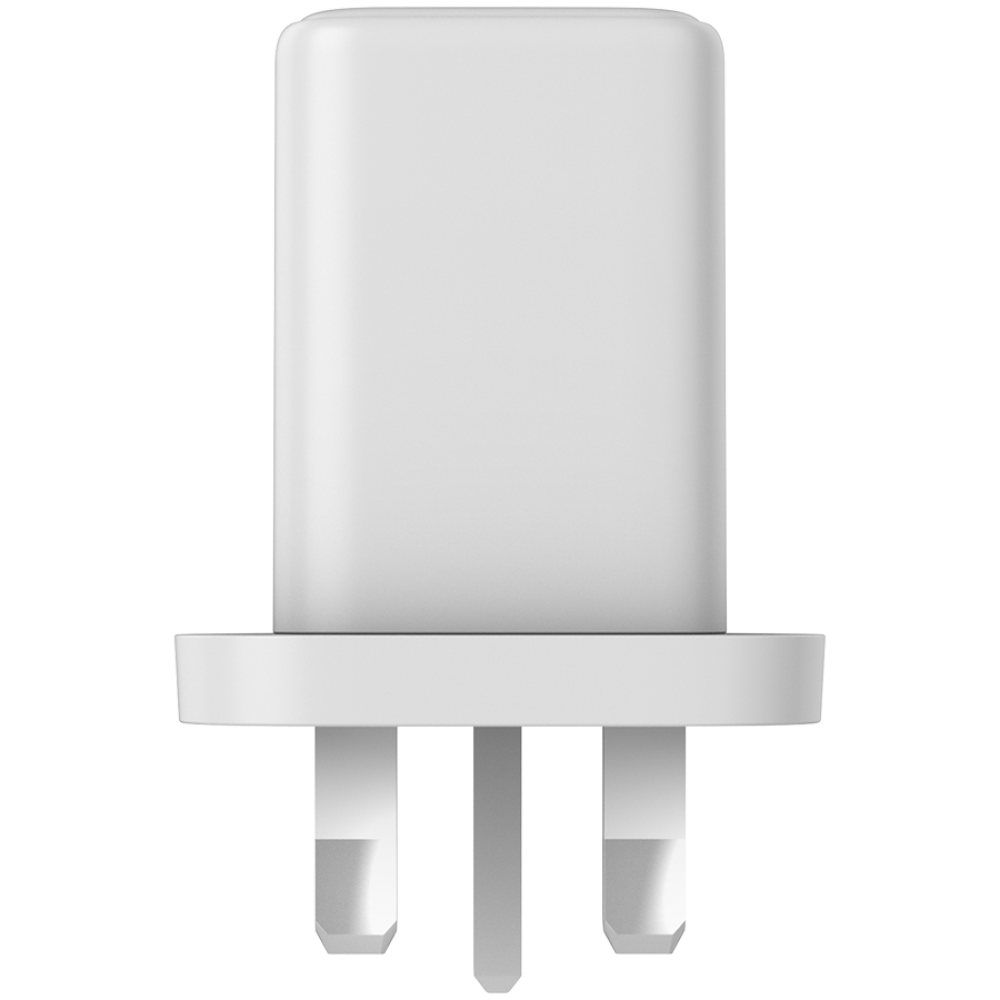 Biała wtyczka z trzema bolcami na czarnym tle.