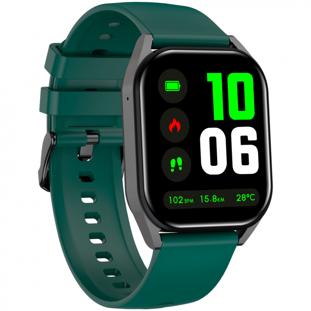 Zielony smartwatch pokazuje 10:06, baterię, ogień, kroki, tętno, dystans, temperaturę.
