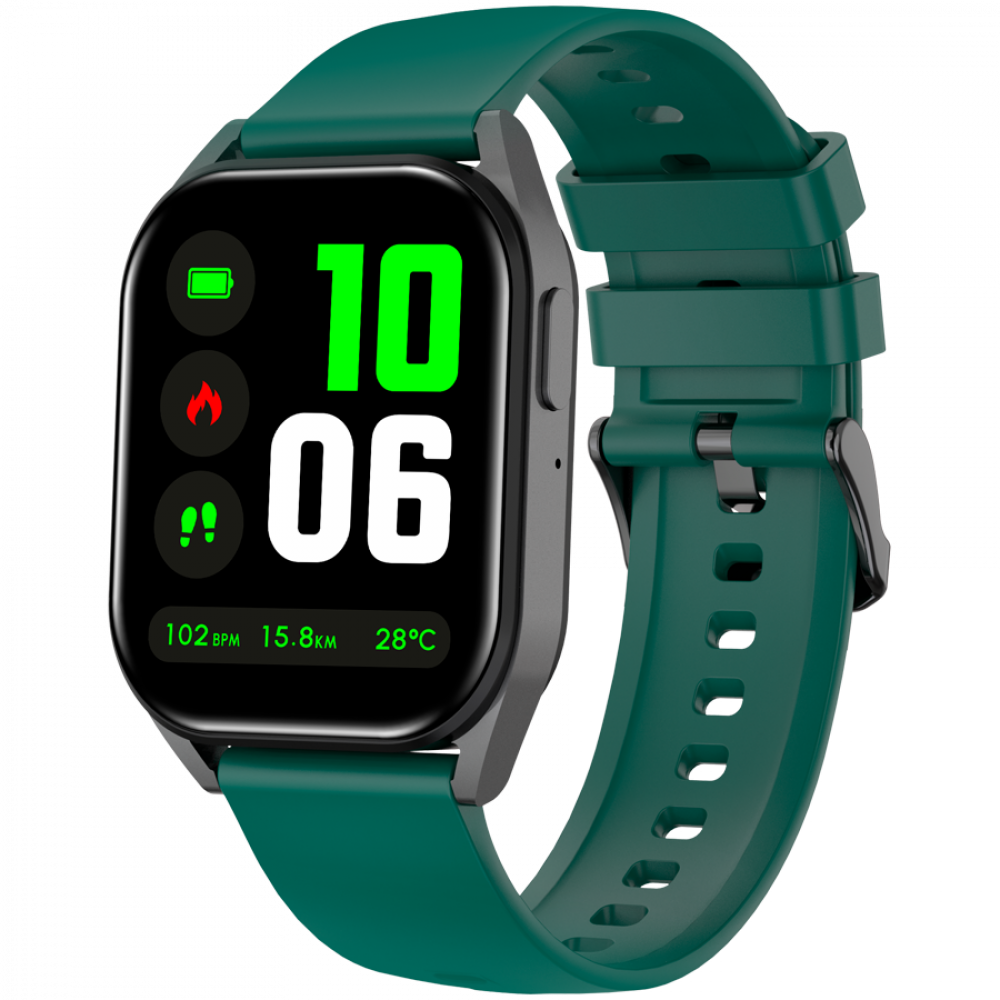 Zielony smartwatch pokazuje 10:06, baterię, ogień, kroki, tętno, dystans i temperaturę.
