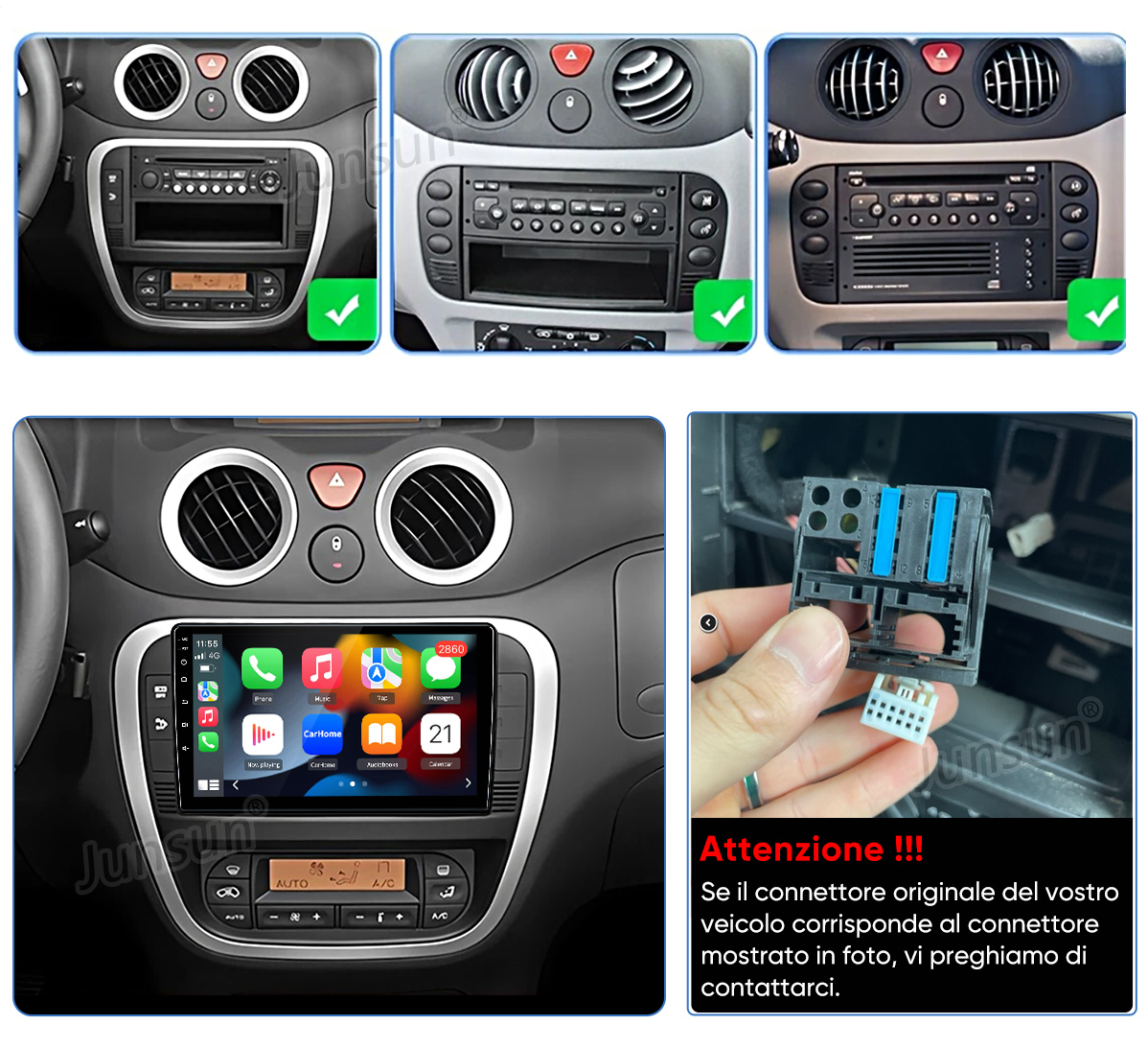 Cruscotto auto con nuovo schermo infotainment e connettore cablaggio.