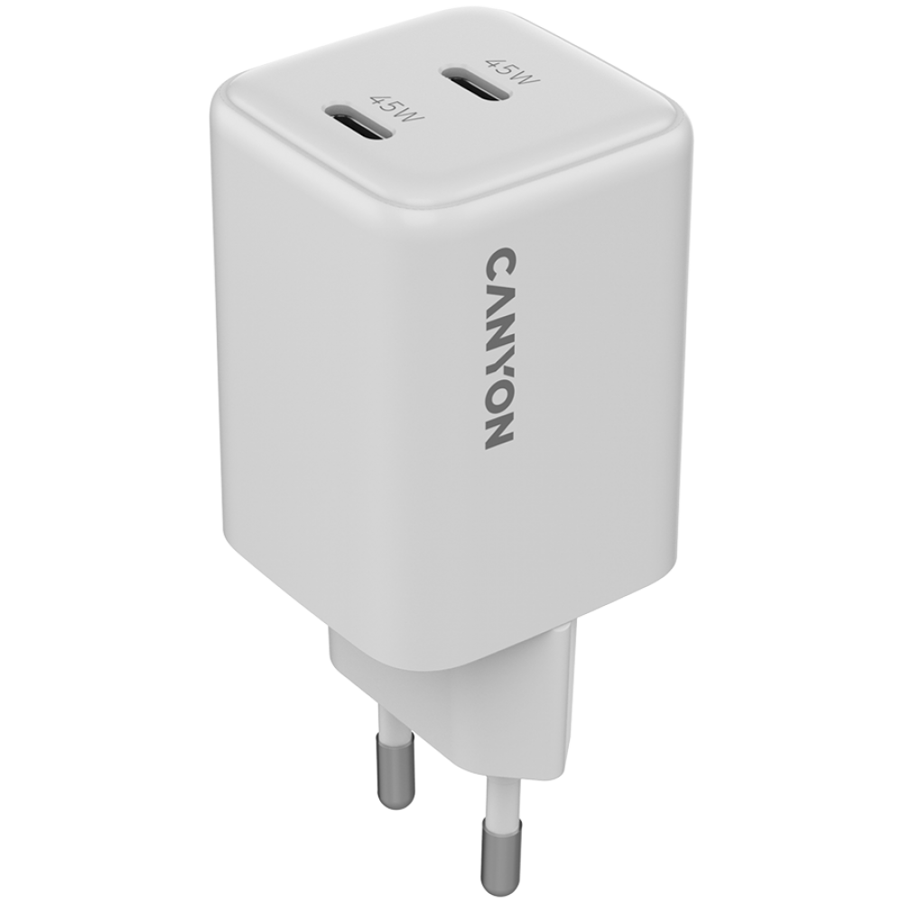 Biały adapter USB-C Canyon z dwoma portami 45W i wtyczką europejską.