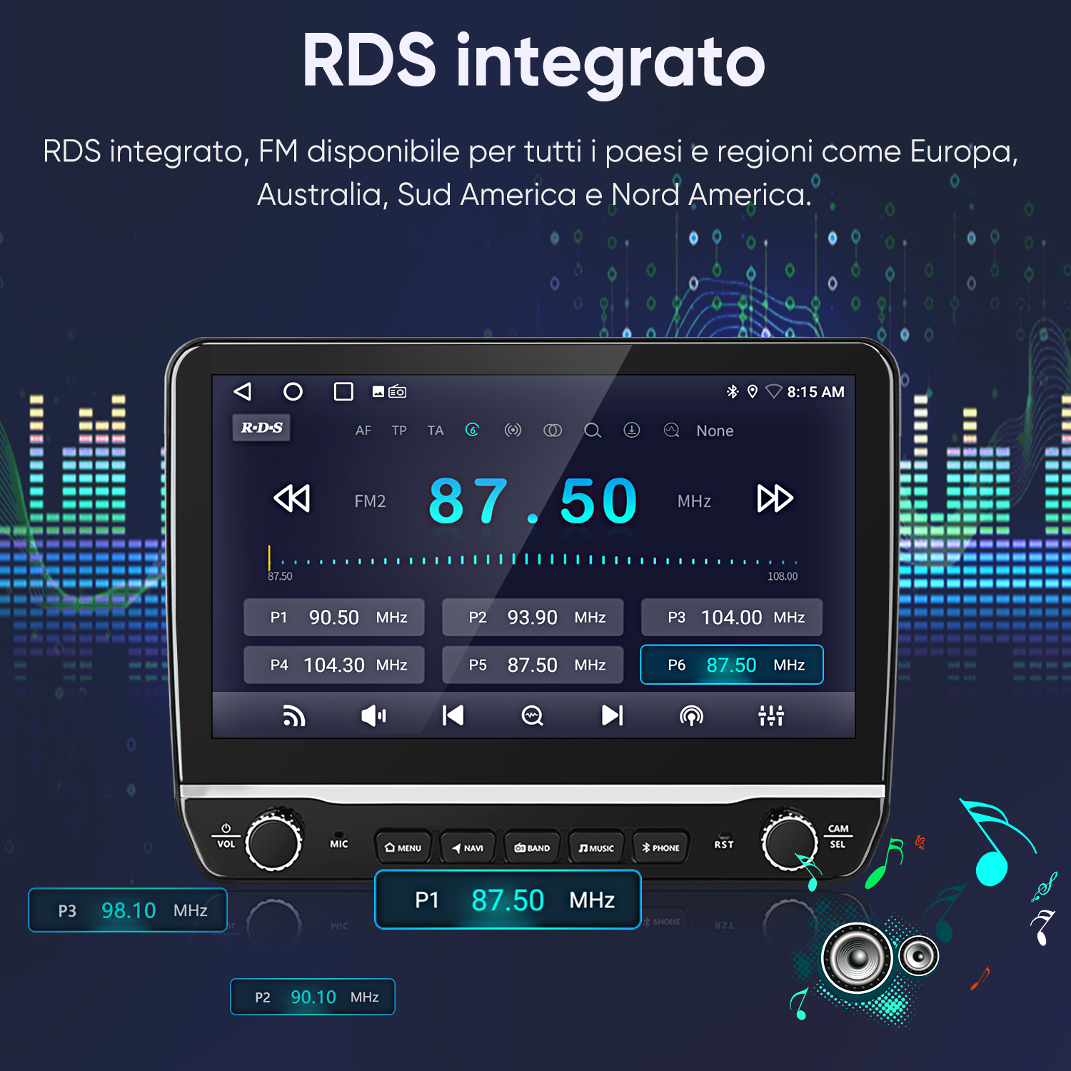 Un display dell'autoradio mostra FM2 87.50 MHz con stazioni preimpostate.