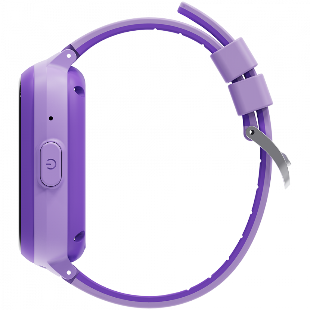 Fioletowy smartwatch z przyciskiem zasilania i srebrną klamrą.